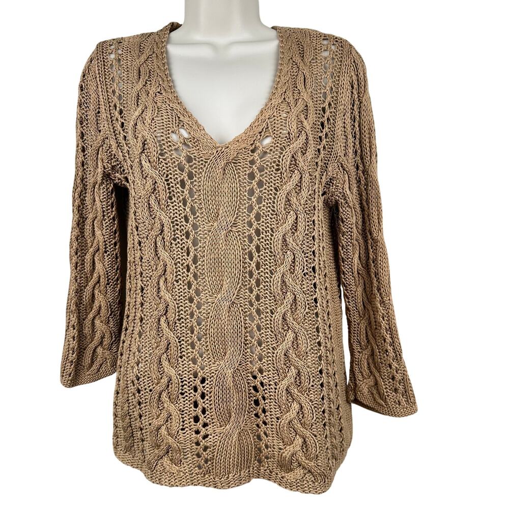 Ralph Lauren Cable Knit Sweater Open Knit 3/4 Sleeve Cotton Tan M Fisherman